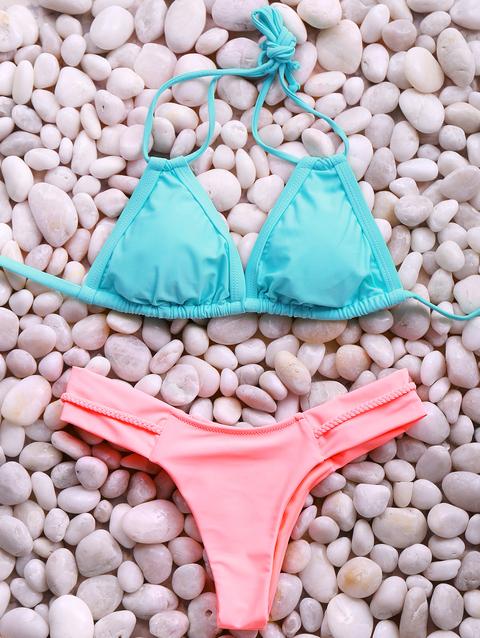 Halter Hit Color Elastic Bikini Set