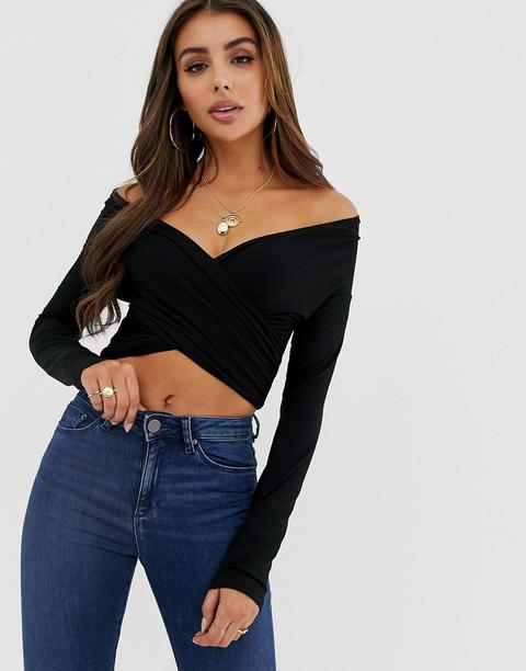 Asos Design Cross Over Bardot Top With Long Sleeve-black