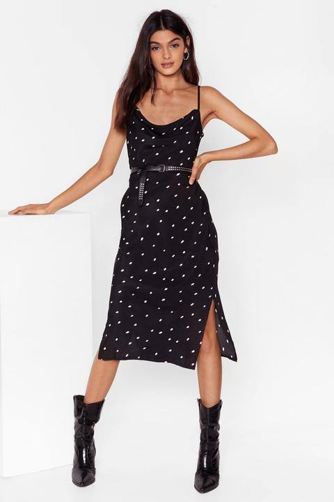 Womens Polka Dot Fitted Midi Slit Dress