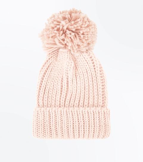 Pink Rib Knit Bobble Hat