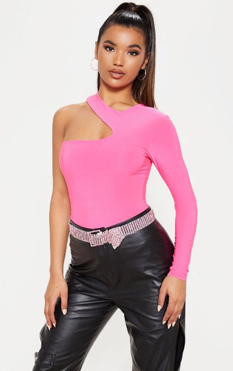 Neon Pink Cut Out One Shoulder Bodysuit, Neon Pink