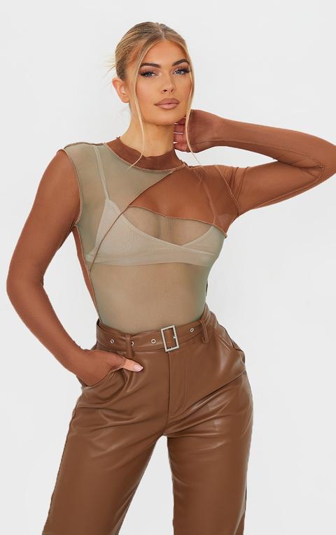 Khaki Mesh High Neck Patchwork Long Sleeve Bodysuit