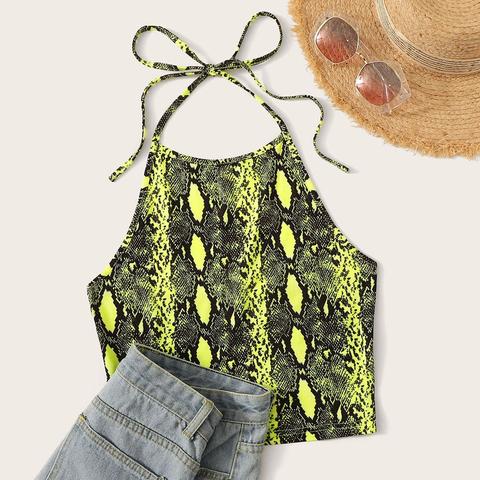 Top Halter In Neon Con Nodo E Stampa Effetto Serpente