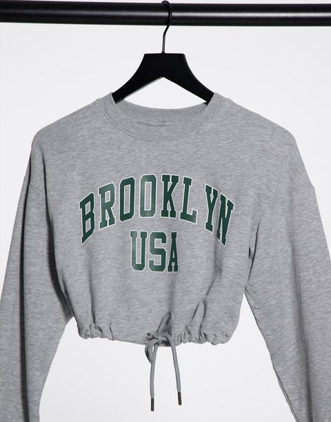 Bershka Brooklyn Cropped Sweat In Grey Marl