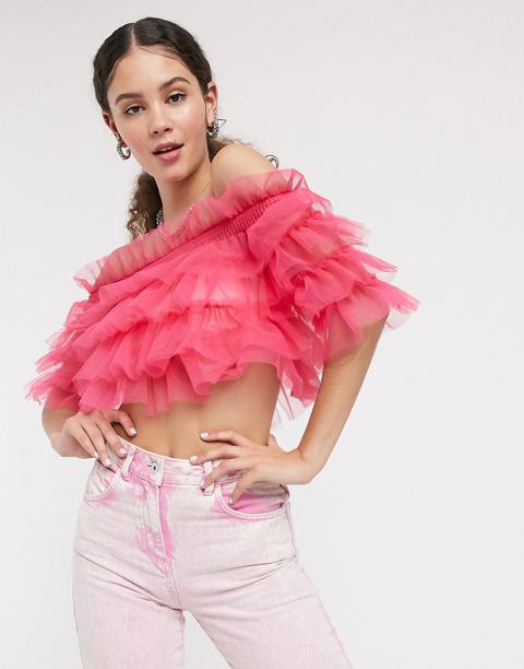 Kikiriki Tulle Bandeau Off Shoulder Crop Top In Pink