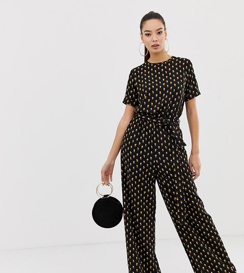 Missguided Belted Wide Leg Jumpsuit In Black Spot
