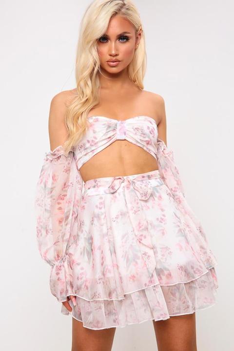 Pink Floral Chiffon Frill Hem Mini Skirt