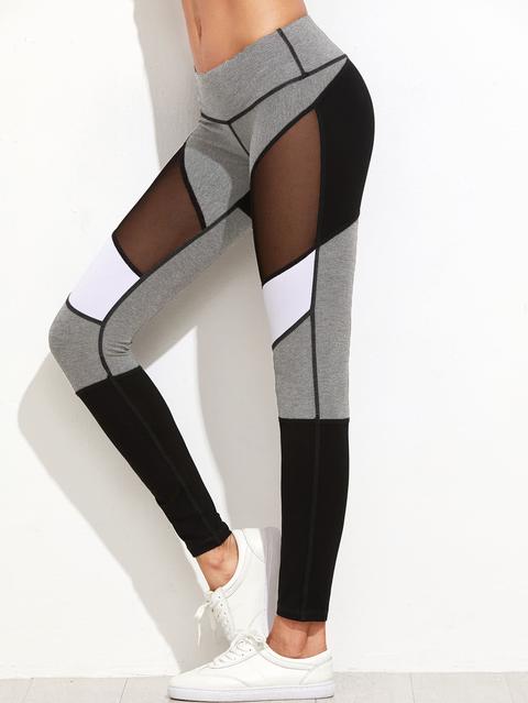 Color Block Mesh Insert Heather Knit Leggings