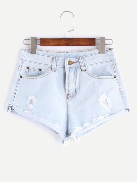 Shorts En Denim Bajo Deshilachado - Azul Claro