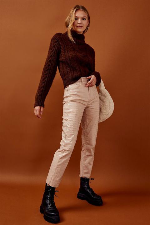 Brown Cable Knitted Crop Roll Neck Jumper