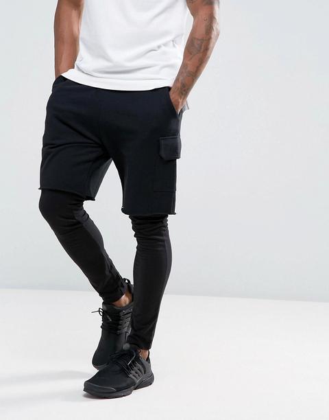 Asos - Pantaloncini Cargo Con Strato Inferiore A Meggings In Jersey - Nero