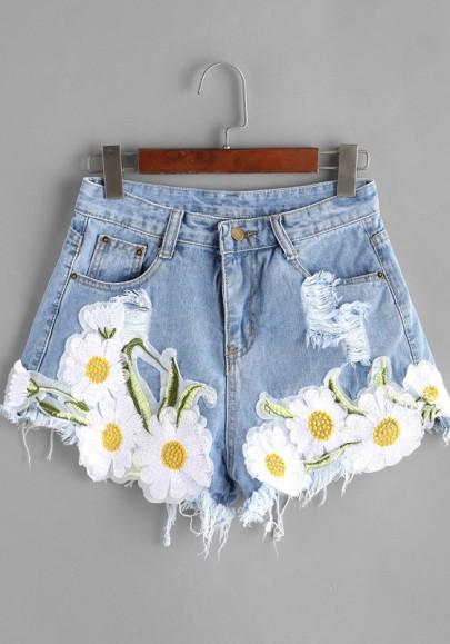 Light Blue Embroidery Pockets Cut Out Appliques Zipper Short Jeans