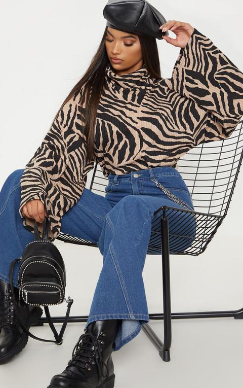 Tan Zebra Print Roll Neck Oversized Sweater