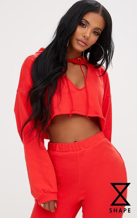 Shape Red Crop Open Neck Hoodie, Red