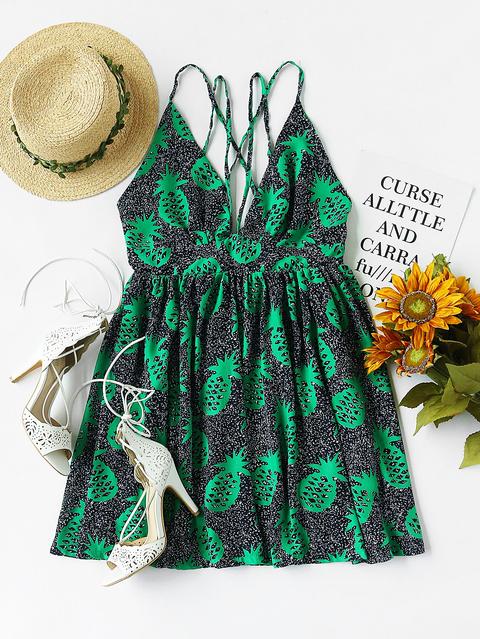 Plunging Neckline Pineapple Print Strappy Cami Dress