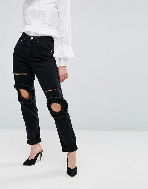 Lost Ink - Mom Jeans Con Strappi E Volant Alle Ginocchia - Nero