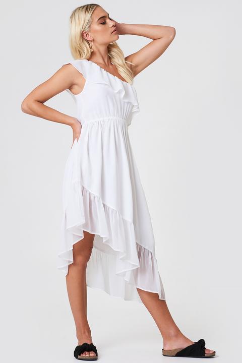 One Shoulder Asymmetric Flounce Dress Weiß