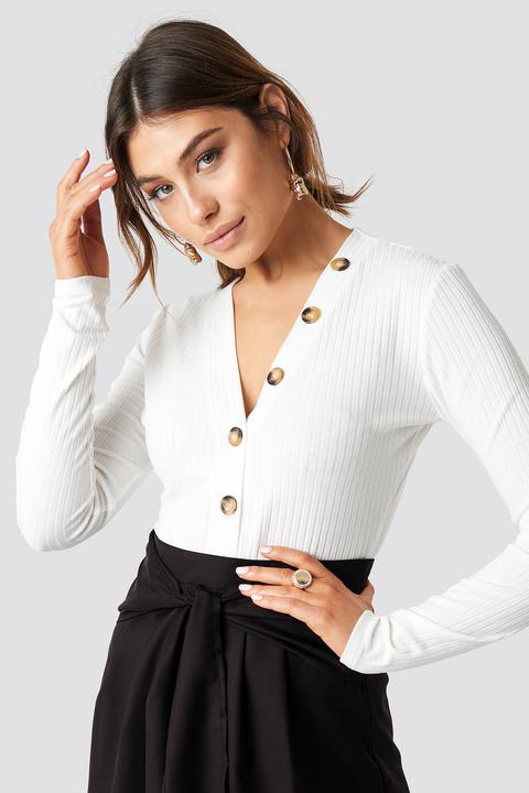Ribbed Button Top Weiß