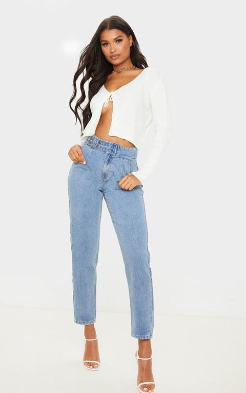 Vintage Wash Button Waistband Detail Mom Jeans