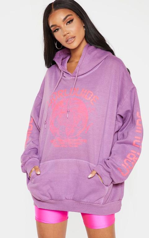 Washed Violet Worldwide Slogan Oversized Hoodie