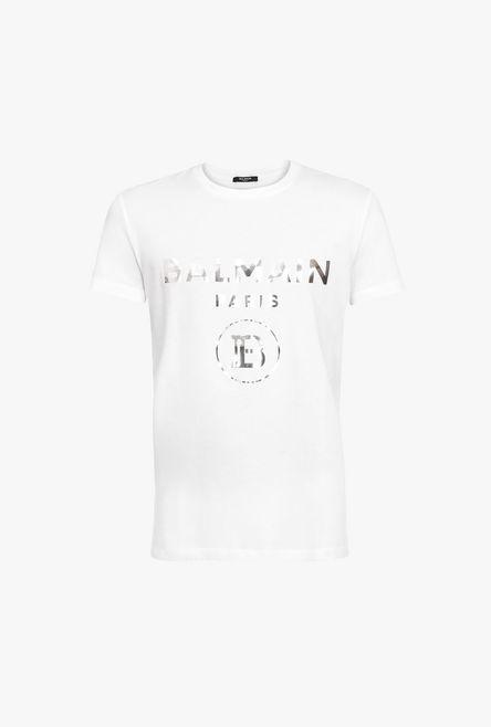 Camiseta De Algodón Blanca Con Logotipo De Balmain Paris Plateado