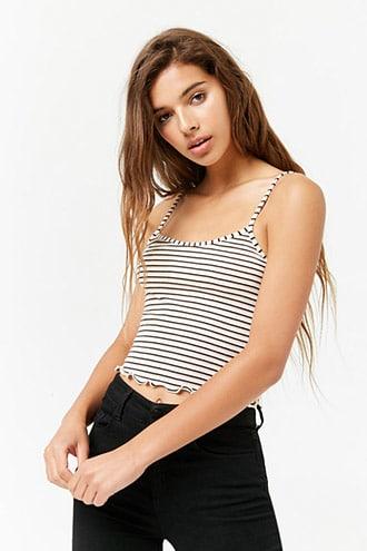 Forever 21 Striped Lettuce-edge Cami , Ivory/nude