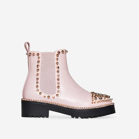 Jack Gold Studded Detail Biker Boot In Pink Faux Leather, Pink