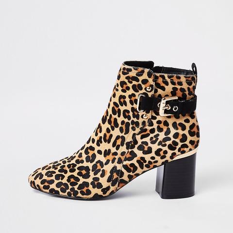 Brown Leopard Print Block Heel Ankle 