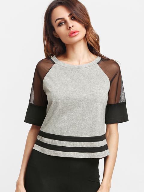 Heather Grey Contrast Mesh Raglan Sleeve Striped Hem T-shirt