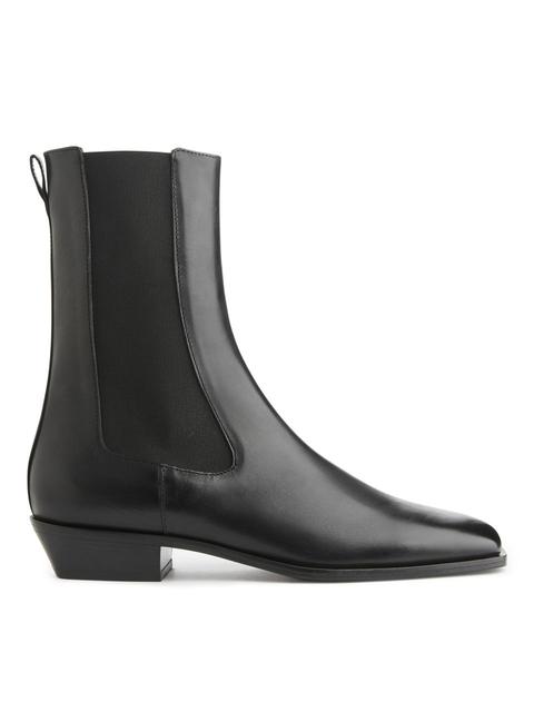 Square-toe Leather Boots - Black