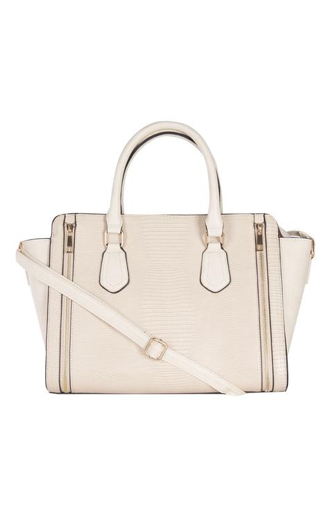 Bolso Tote Color Crema Efecto Serpiente