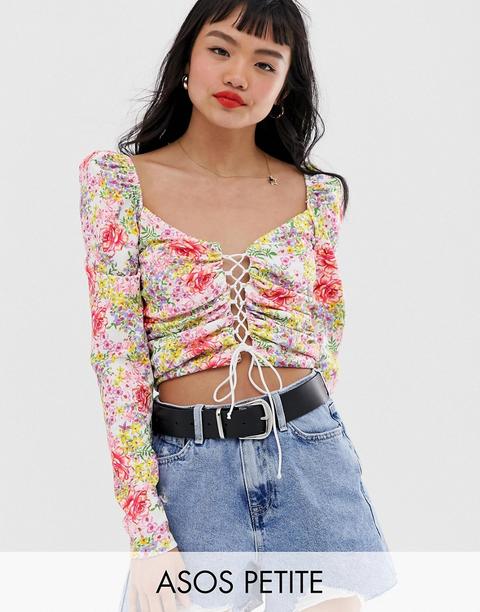 Asos Design Petite - Top Con Maniche A Sbuffo E Laccetti A Fiori - Multicolore