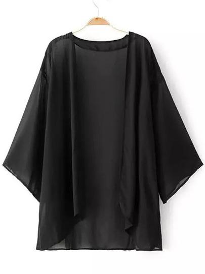 Kimono Cardigan Chiffon Maniche Fino A Gomito - Nero