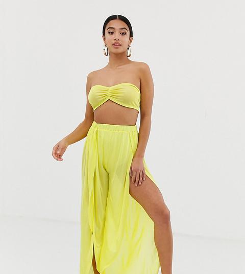 Asos Design Petite Slinky Beach Trousers With Split Sides In Neon Yellow Co-ord