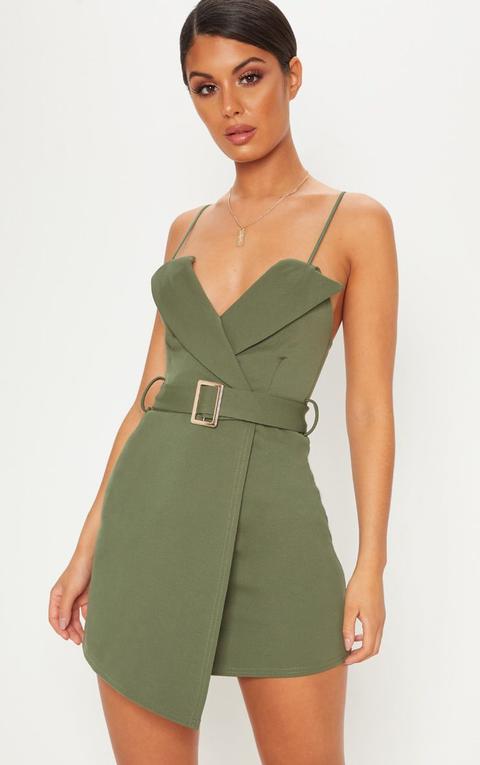 Khaki Tux Detail Belted Wrap Bodycon Dress