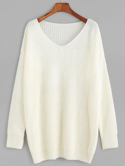 White V Neck Drop Shoulder Sweater