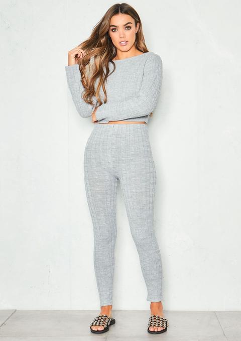 Adele Grey Cable Knit Crop Loungewear Set