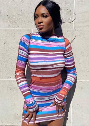 Long Sleeve Stripe Patterned Open Back Mini Dress Multi