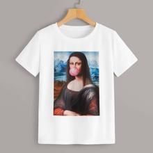 Camiseta Con Estampado De Mona Lisa De Cuello Redondo