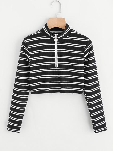 Striped Zip Up Crop T-shirt