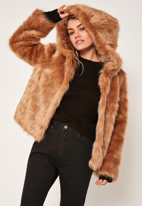 Camel Hooded Faux Fur Coat