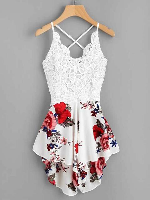 Mono Corto De Top De Croché Y Shorts De Flores