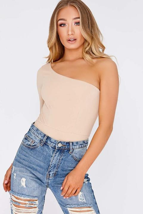 Camel Bodysuits - Nolen Camel Crepe One Shoulder Bodysuit