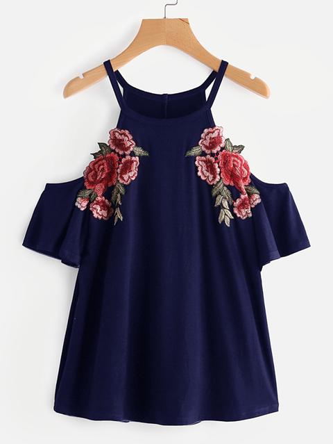 Embroidered Rose Patch Cold Shoulder Tee