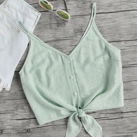 Button Placket Knot Hem Cami Top