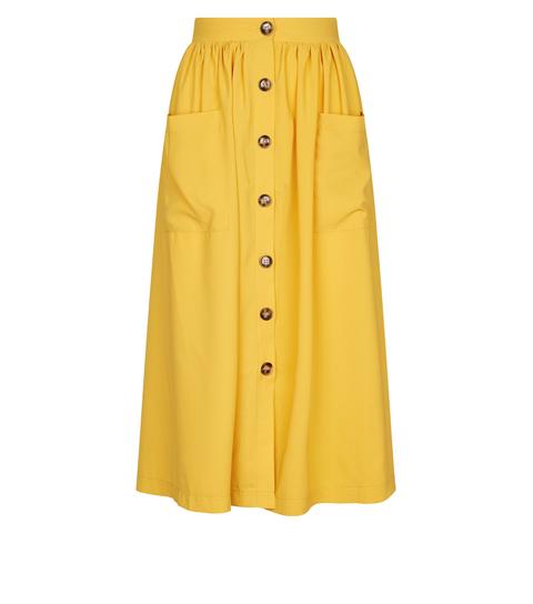 Yellow Button Through Pocket Midi Skirt New Look