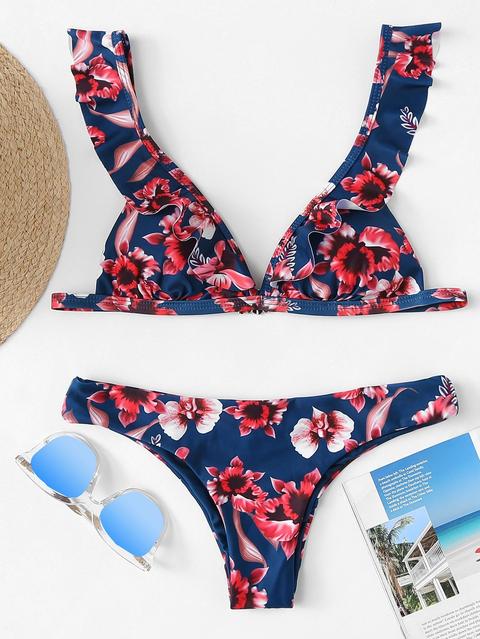 Flower Print Ruffle Bikini Set