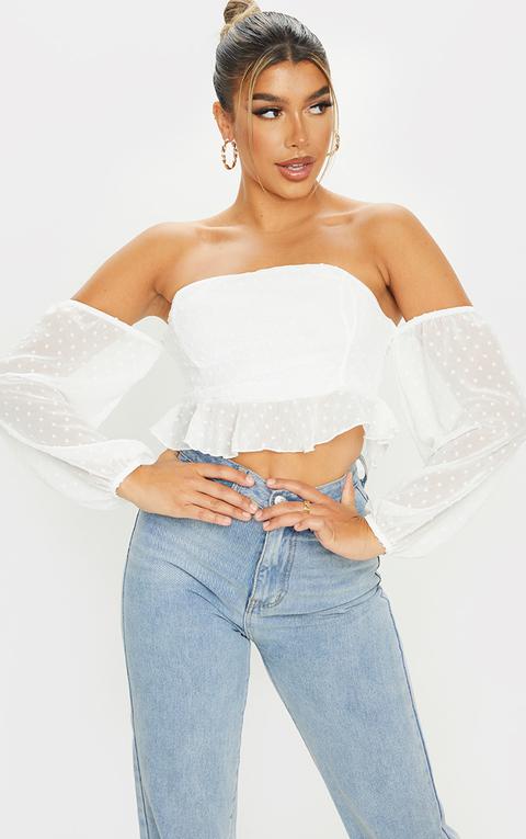 White Dobby Mesh Bardot Frill Hem Crop Top