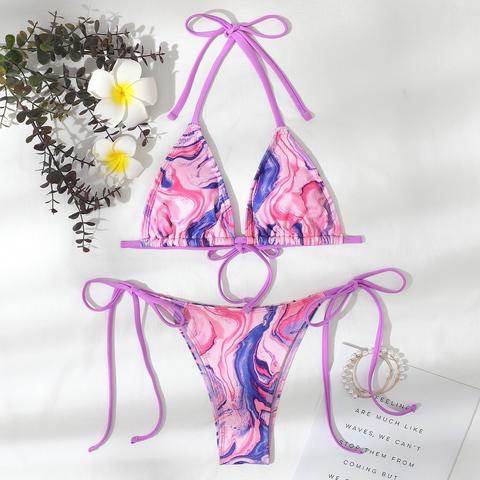 Marble Print Halter Thong Bikini Swimsuit