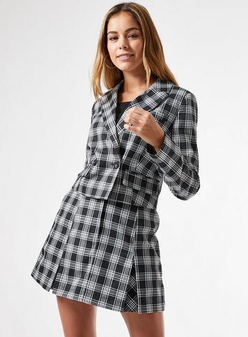 Womens Monochrome Check Crop Blazer, Black